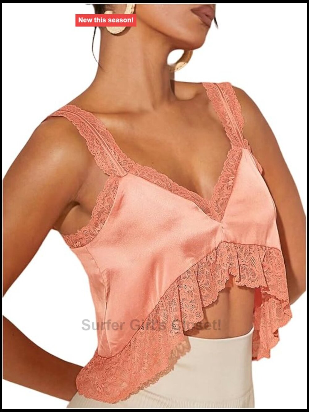 Satin Silk Crop Top with Lace Sleeveless V-Neck Asymmetrical Women's
